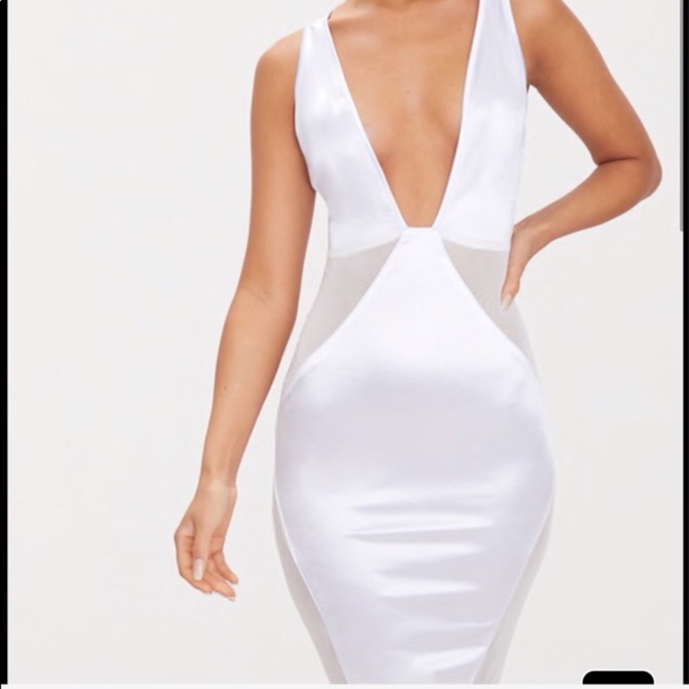 White Satin/Mesh Plunge Midi Dress